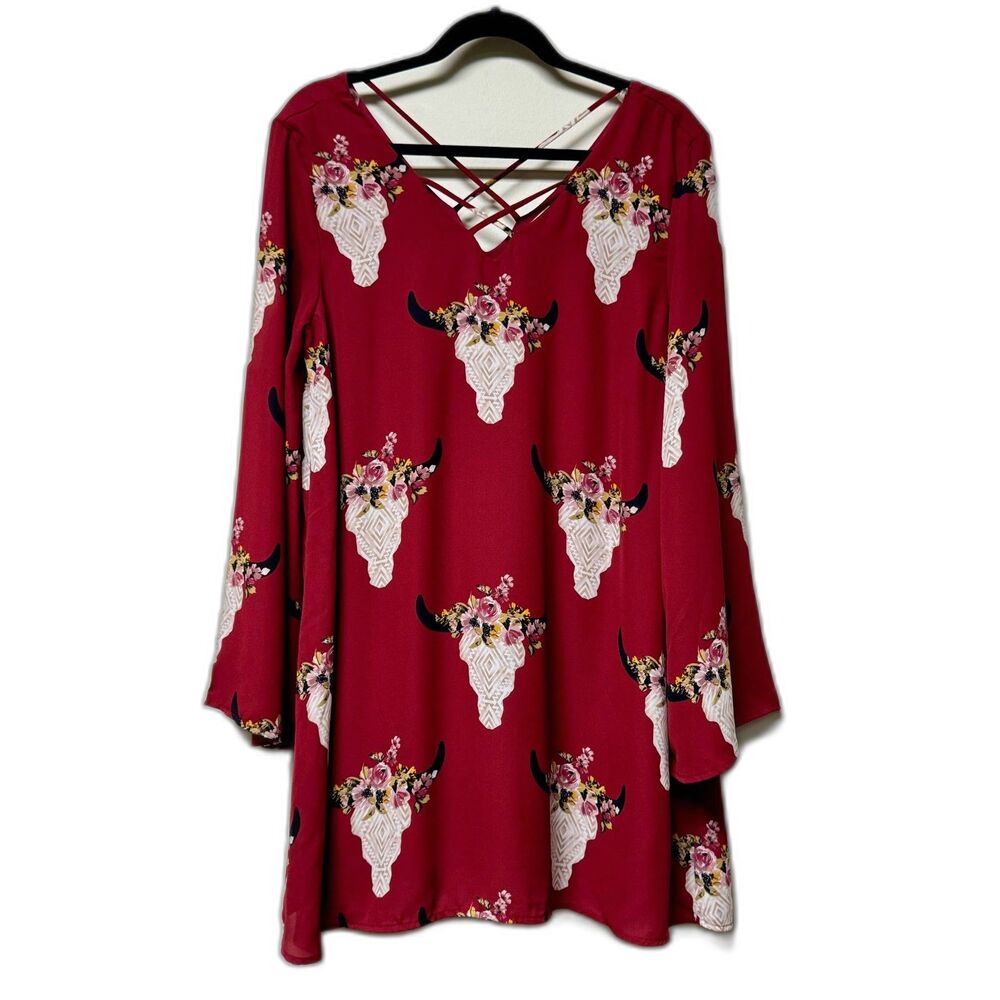 ALTAR'D STATE O'Keefe Longhorn Dress Deep Red Long Sleeve, Sz M